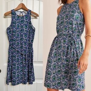 Boden Blue & Green Botanic Wave Sleeveless Knit Swing Dress w Tie Belt. Size 8L